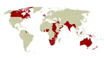 Map illustrating the territorial extent of the British Empire at its zenith, with regions once under British rule highlighted in red.