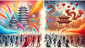 Colors of Joy and Traditions of Prosperity: Celebrating Holi and Chinese New Year - A Vivid Sketch of Cultural Festivals.