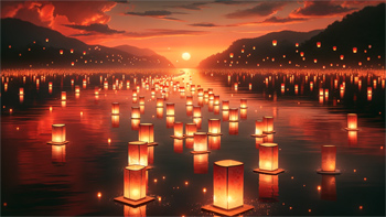Glowing Tribute: Sunset Lanterns on the Waters of Obon.