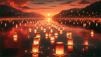 Glowing Tribute: Sunset Lanterns on the Waters of Obon.