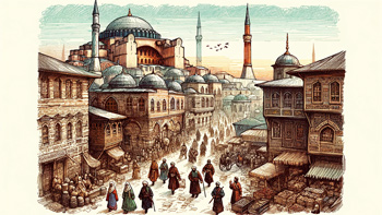 Panoramic Sketch of the Ottoman Empire: Highlighting Architectural Marvels and Cultural Diversity